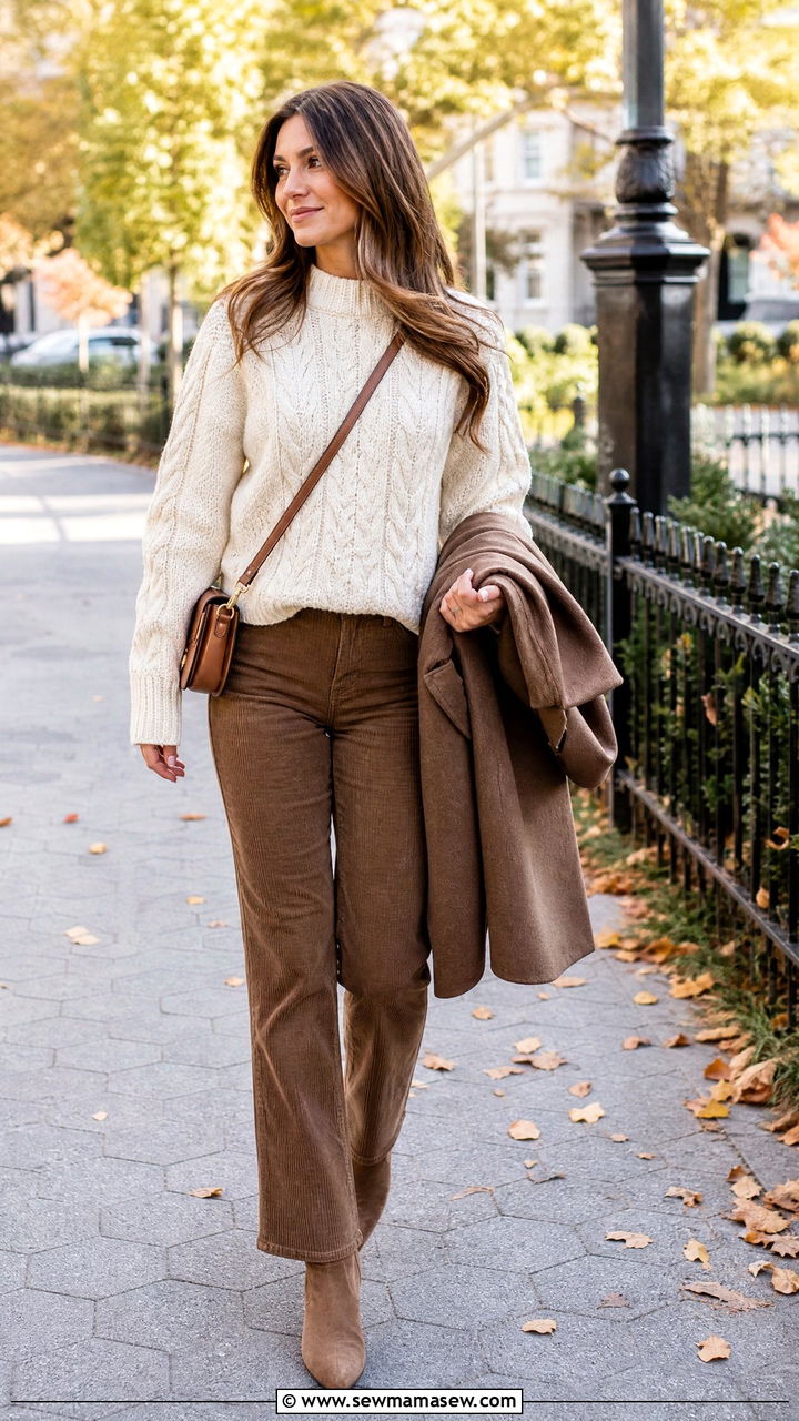 Cable Knit Fall Sweater With Corduroy Pants - 20 fall sweater outfit ideas