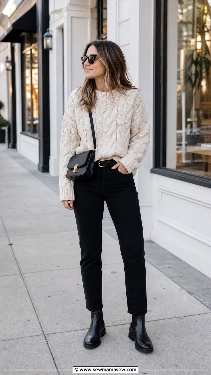 Cable Knit Sweater With Black Jeans - 20 cozy sweater outfit ideas