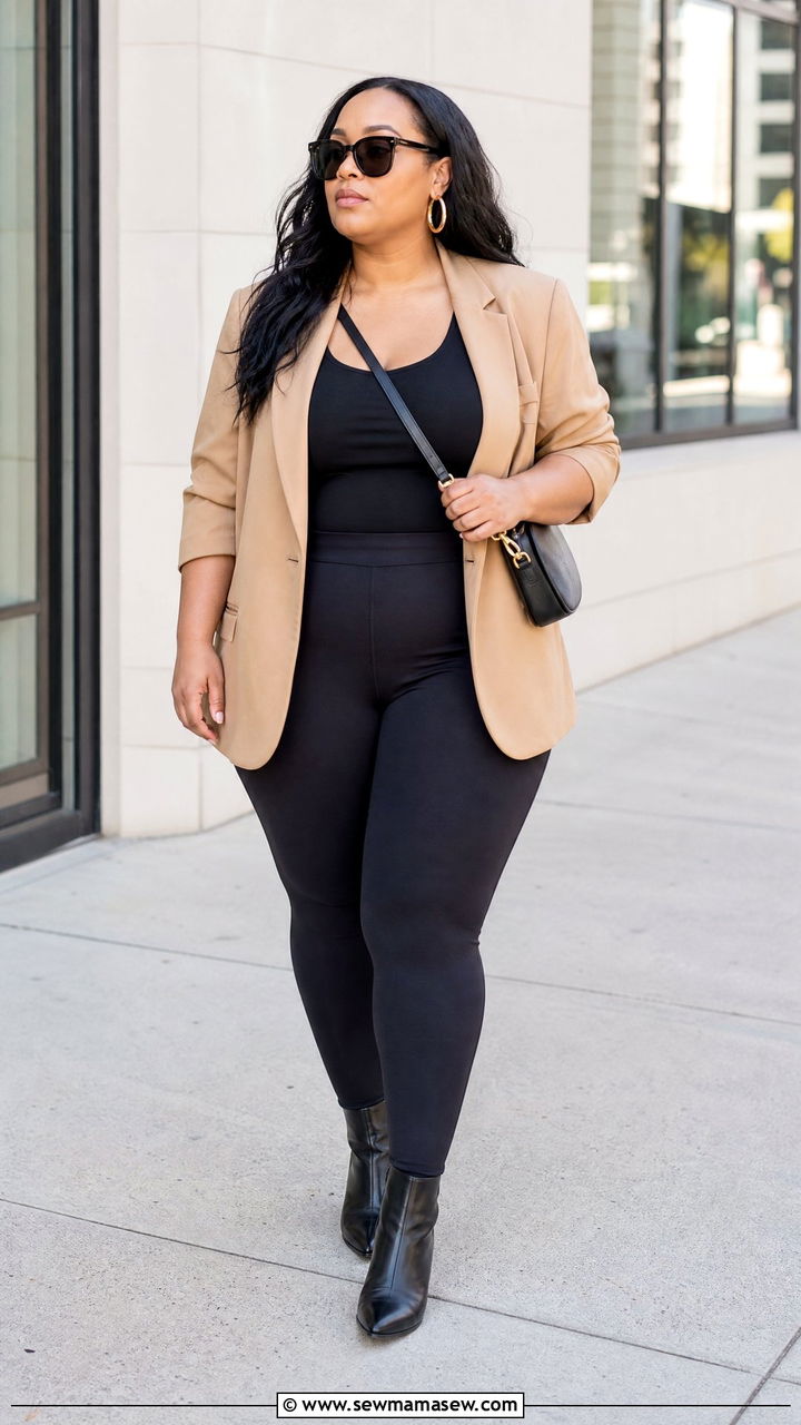 Camel Oversized Blazer With Black Leggings - 20 plus size oversized blazer outfit ideas