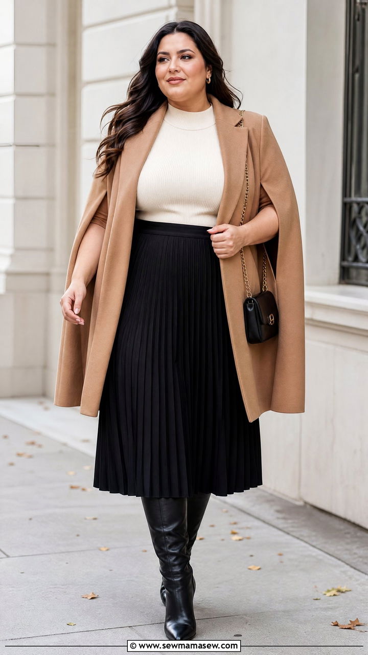 Cape Coat With Pleated Midi Skirt - 20 plus size cape coat outfit ideas