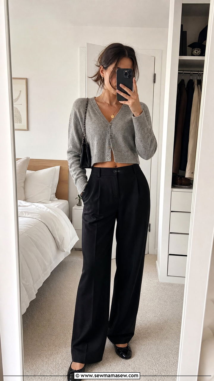 Cardigan Crop Top With Black Trousers - 20 crop top with black trousers outfit ideas