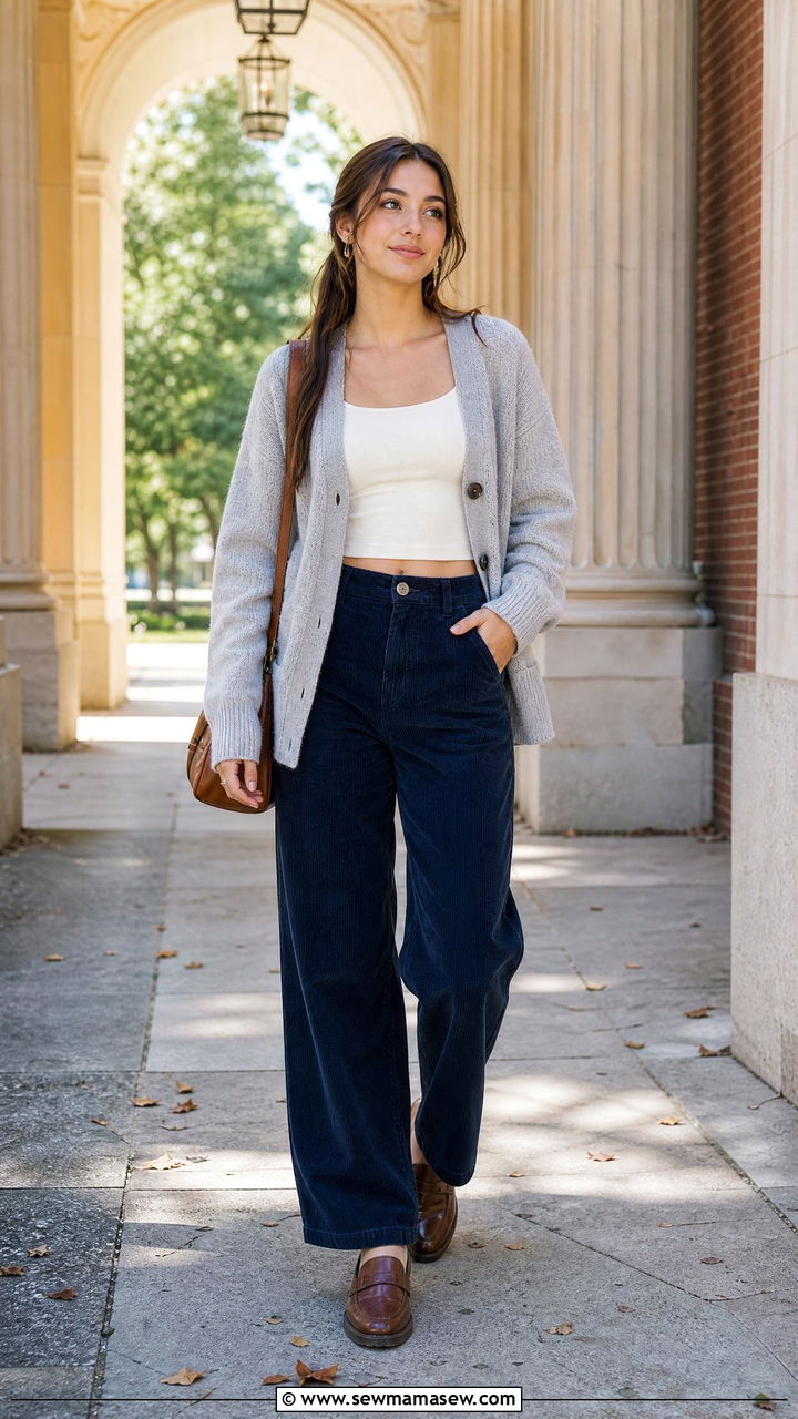 Cardigan Crop Top With Corduroy Pants - 20 crop top with corduroy pants outfit ideas