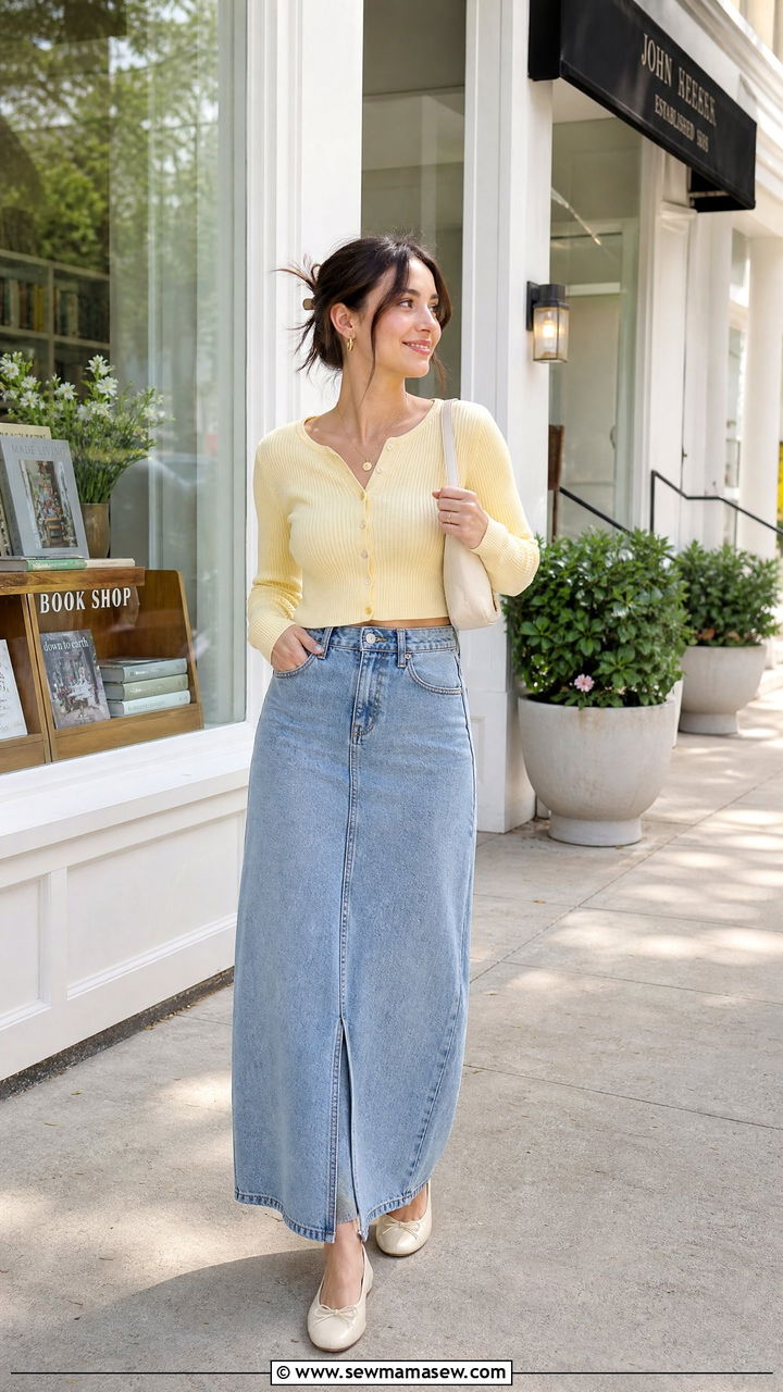 Cardigan Crop Top With Denim Maxi Skirt - 20 crop top with denim maxi skirt outfit ideas