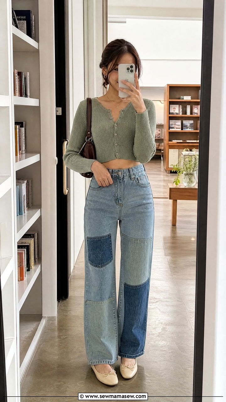 Cardigan Crop Top With Patchwork Jeans - 20 crop top with patchwork jeans outfit ideas