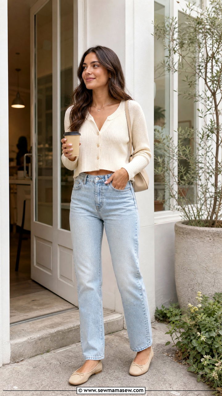 Cardigan Crop Top With Straight Leg Jeans - 20 crop top with straight leg jeans outfit ideas