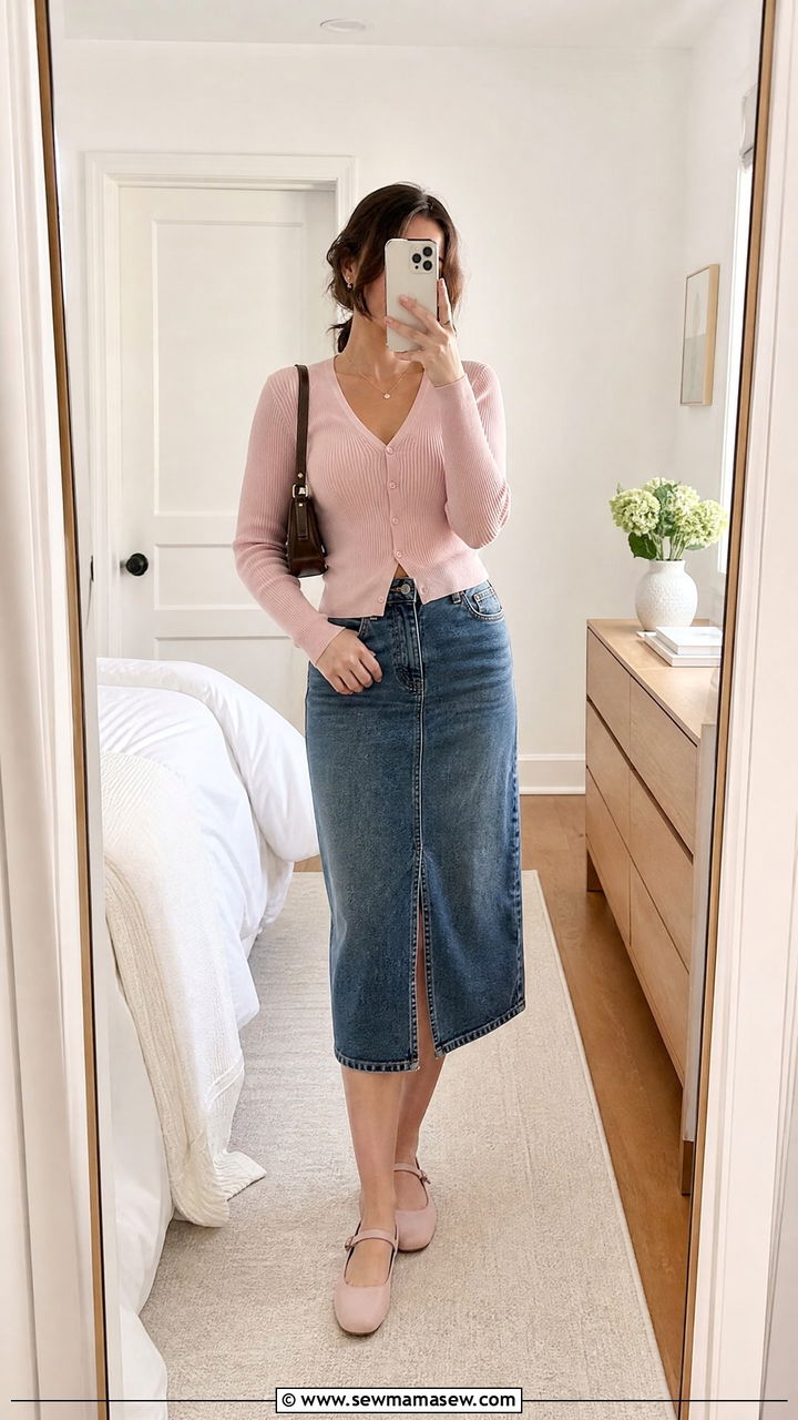 Cardigan Top With Denim Midi Skirt Outfit - 20 feminine top outfit ideas