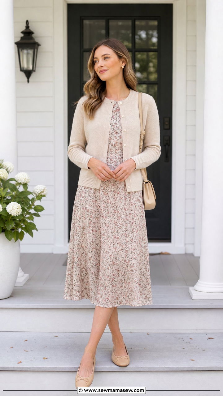 Cardigan Top With Midi Dress Outfit - 20 church tops outfit ideas