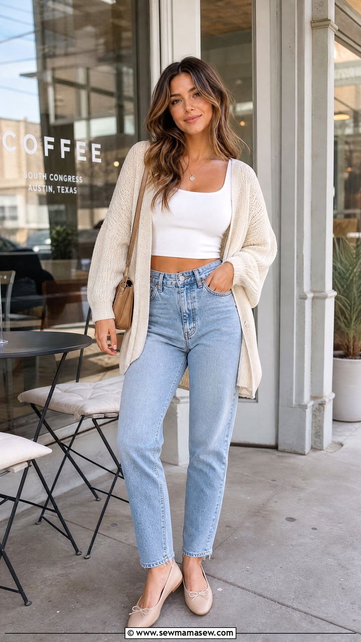 Cardigan With Crop Top And Mom Jeans - 20 crop top with mom jeans outfit ideas