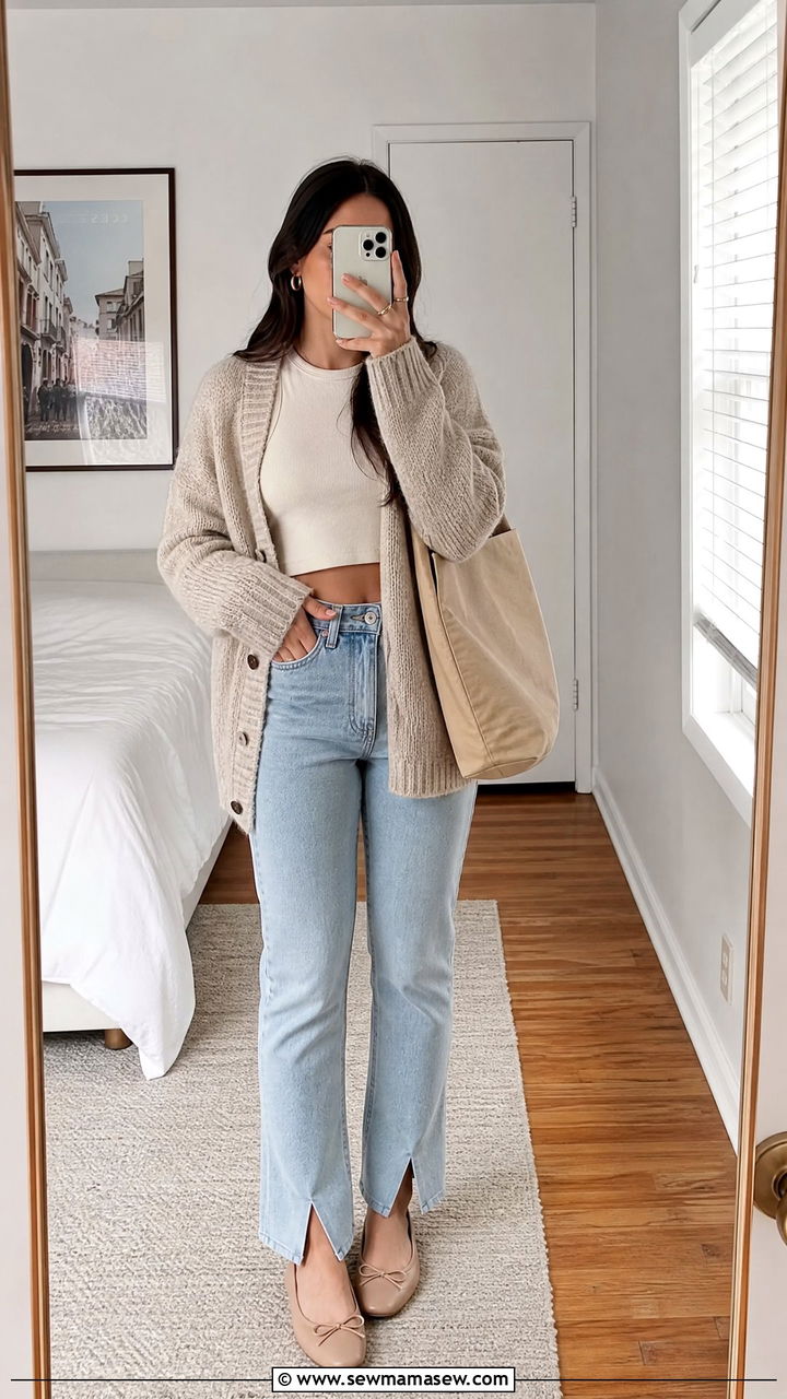 Cardigan With Crop Top And Split Hem Jeans - 20 crop top with split hem jeans outfit ideas