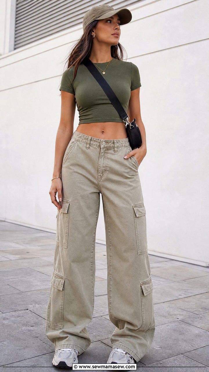 Cargo Wide Leg Jeans With Crop Top - 20 crop top with wide leg jeans outfit ideas