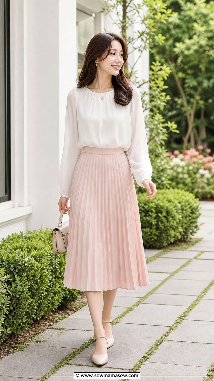 Chiffon Blouse With Pleated Midi Skirt - 20 chiffon blouse outfit ideas