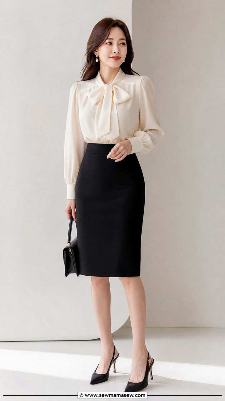 Chiffon Bow Blouse With Pencil Skirt - 20 chiffon blouse outfit ideas