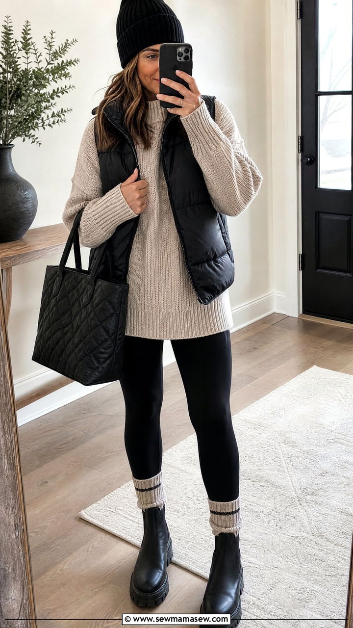 Chunky Knit Sweater With Black Leggings - 20 chunky knit sweater outfit ideas