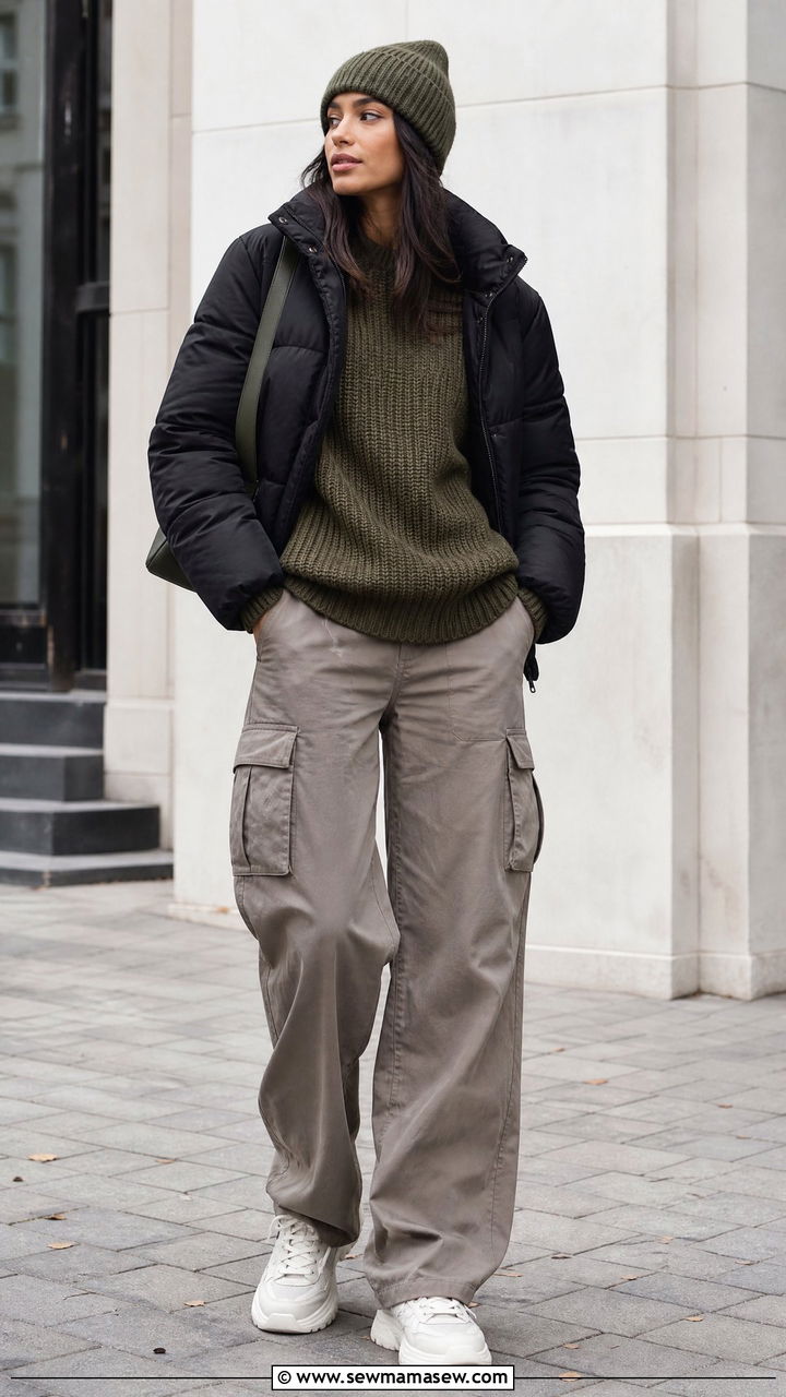 Chunky Knit Sweater With Cargo Pants - 20 chunky knit sweater outfit ideas
