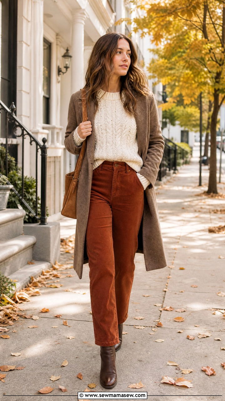 Chunky Knit Sweater With Corduroy Pants - 20 chunky knit sweater outfit ideas