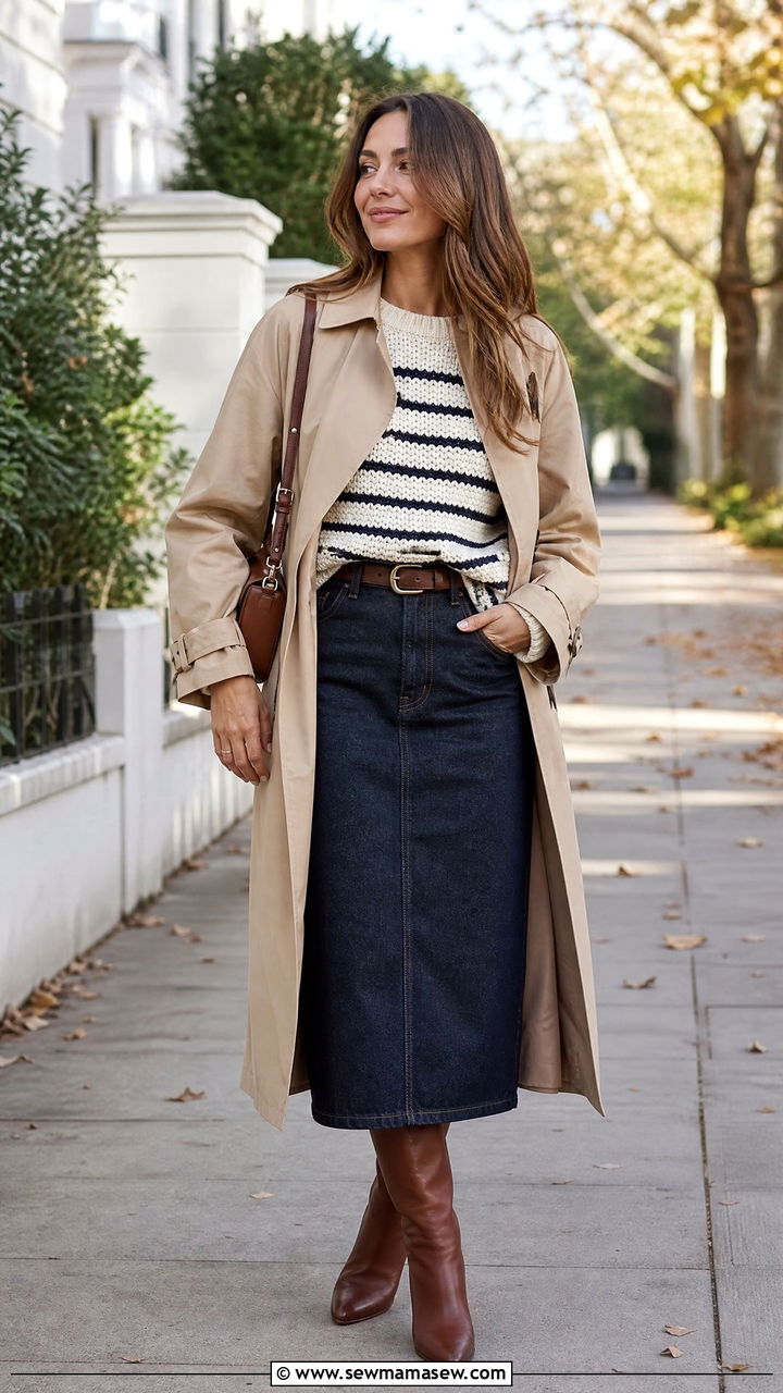 Chunky Knit Sweater With Denim Skirt - 20 chunky knit sweater outfit ideas