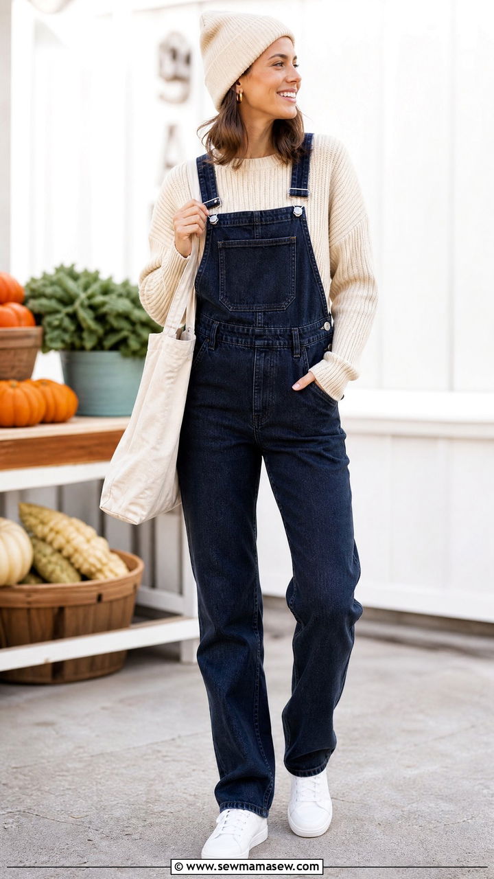 Chunky Knit Sweater With Overalls - 20 chunky knit sweater outfit ideas