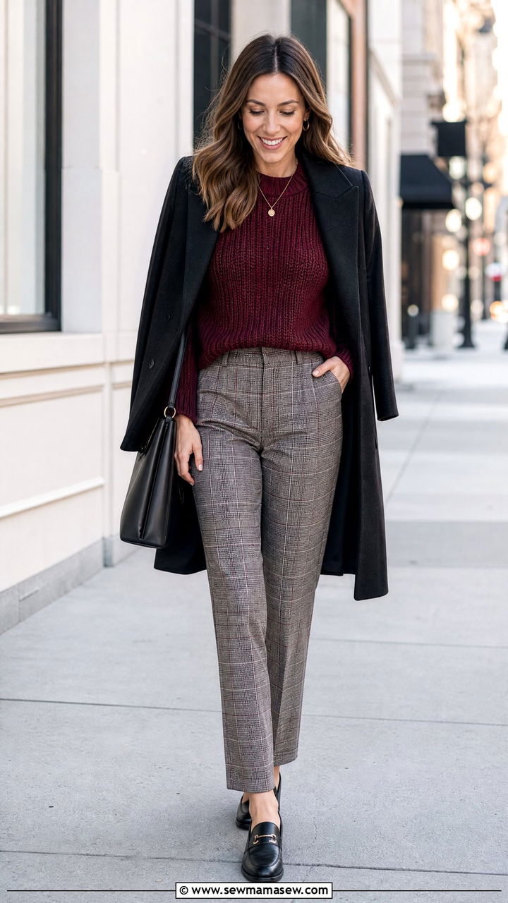 Chunky Knit Sweater With Plaid Pants - 20 chunky knit sweater outfit ideas