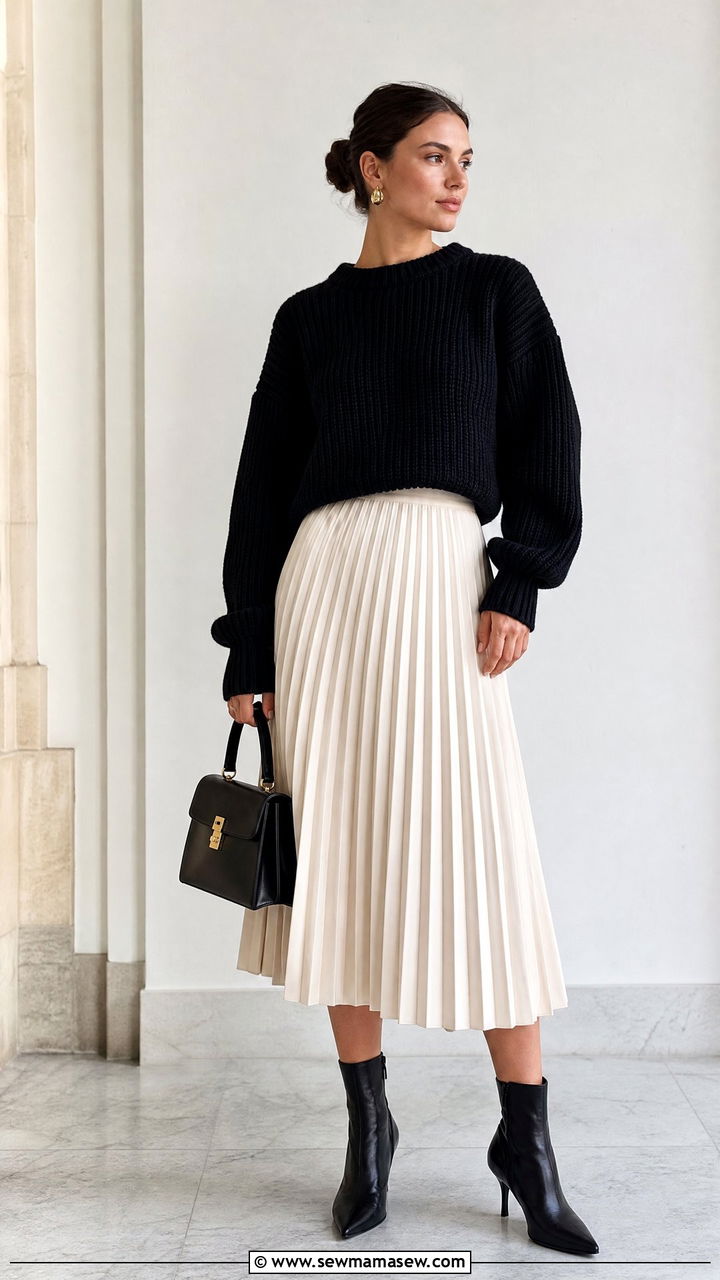 Chunky Knit Sweater With Pleated Midi Skirt - 20 chunky knit sweater outfit ideas