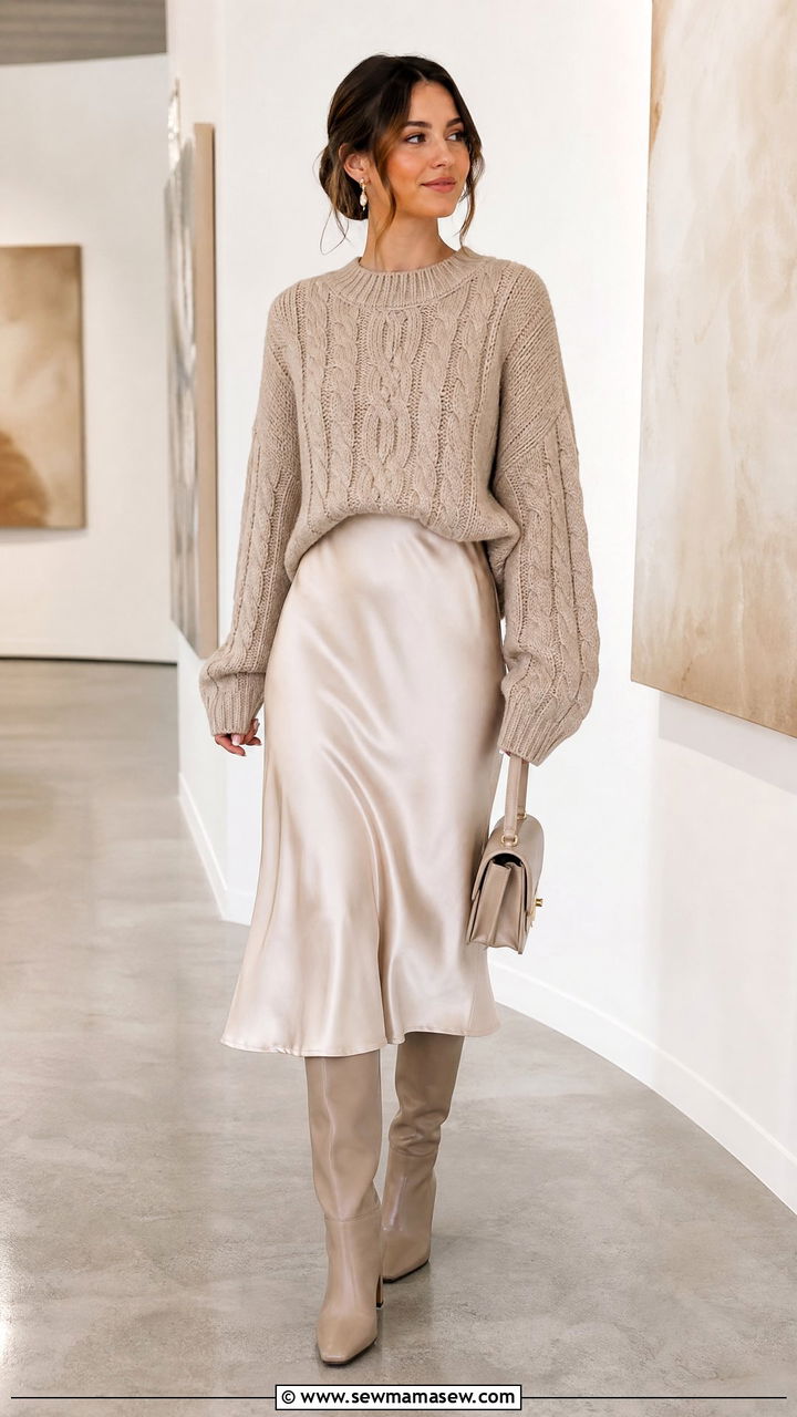 Chunky Knit Sweater With Satin Midi Skirt - 20 chunky knit sweater outfit ideas