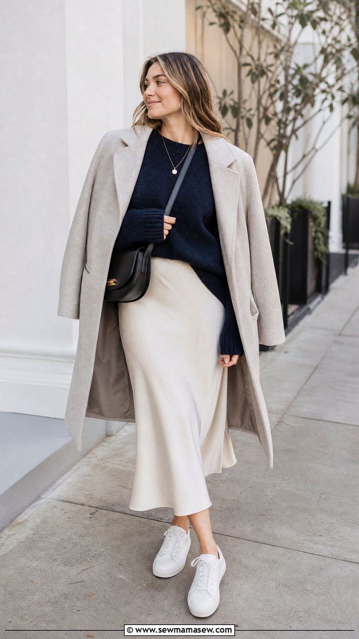 Chunky Knit Sweater With Slip Skirt And Sneakers - 20 chunky knit sweater outfit ideas