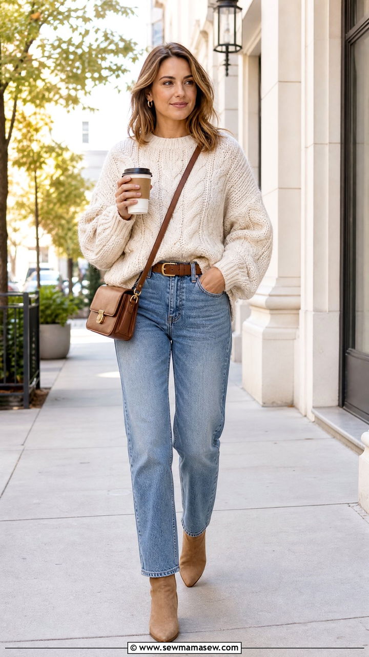 Chunky Knit Sweater With Straight Leg Jeans - 20 chunky knit sweater outfit ideas
