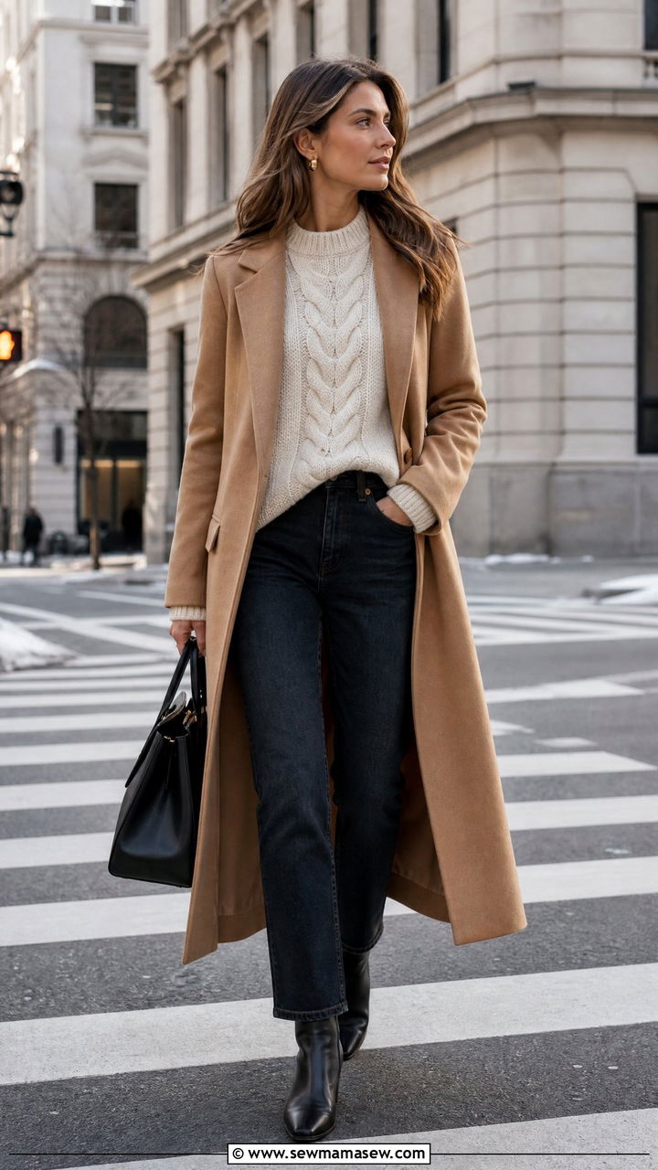 Chunky Knit Sweater With Tailored Coat - 20 chunky knit sweater outfit ideas