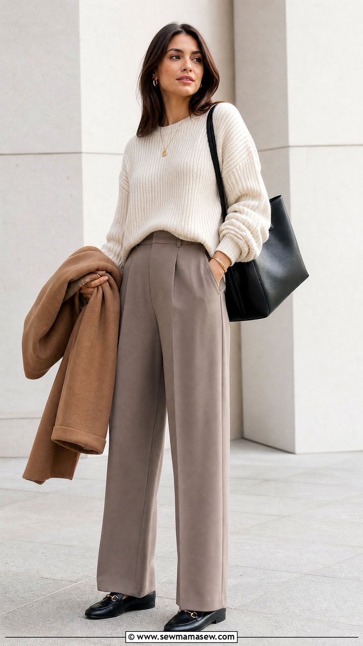 Chunky Knit Sweater With Wide Leg Trousers - 20 chunky knit sweater outfit ideas