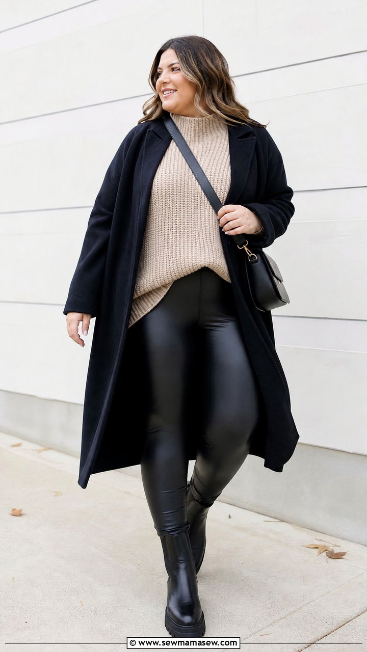 Chunky Mock Neck Sweater With Faux Leather Leggings - 20 plus size mock neck sweater outfit ideas