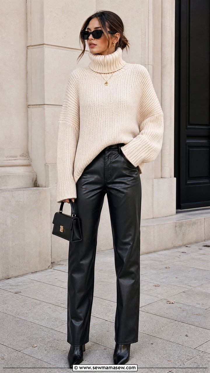 Chunky Turtleneck Sweater With Leather Pants - 20 turtleneck sweater outfit ideas