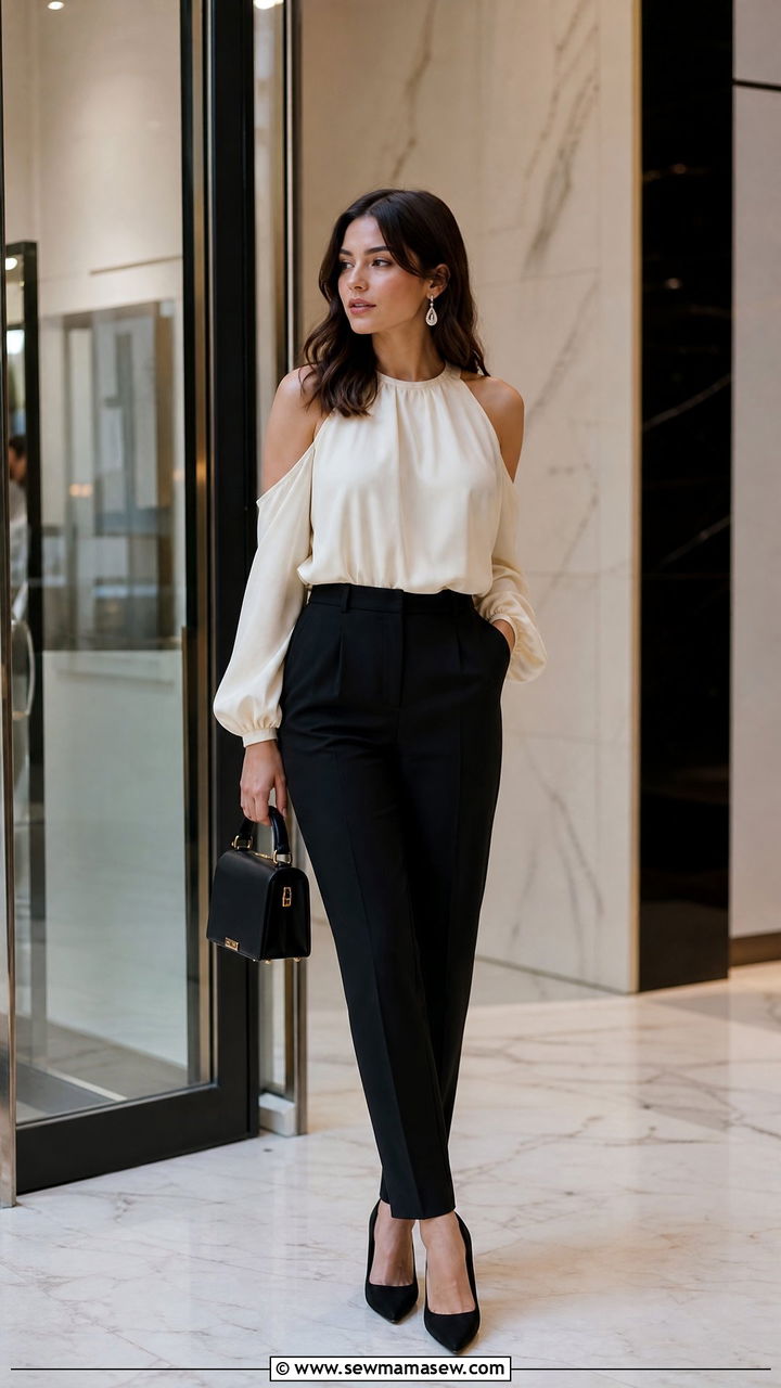 Cold Shoulder Blouse With Black Trousers - 20 cold shoulder top outfit ideas