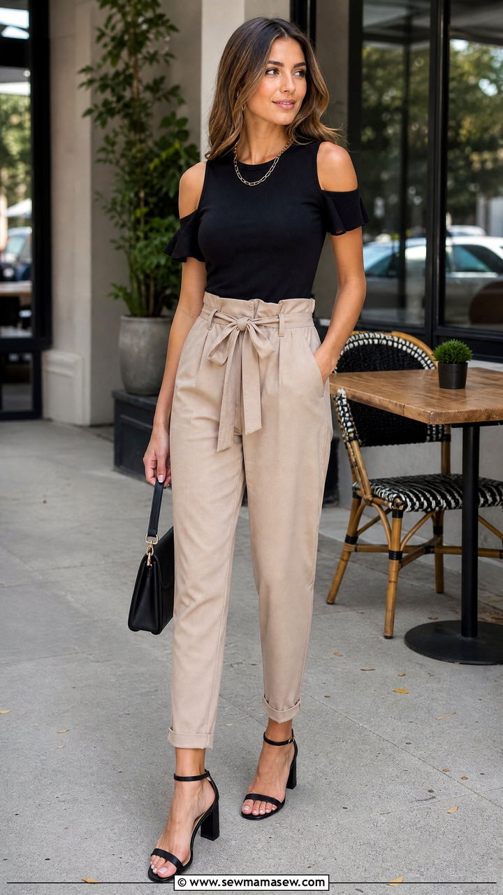 Cold Shoulder Top With Paperbag Waist Pants - 20 cold shoulder top outfit ideas