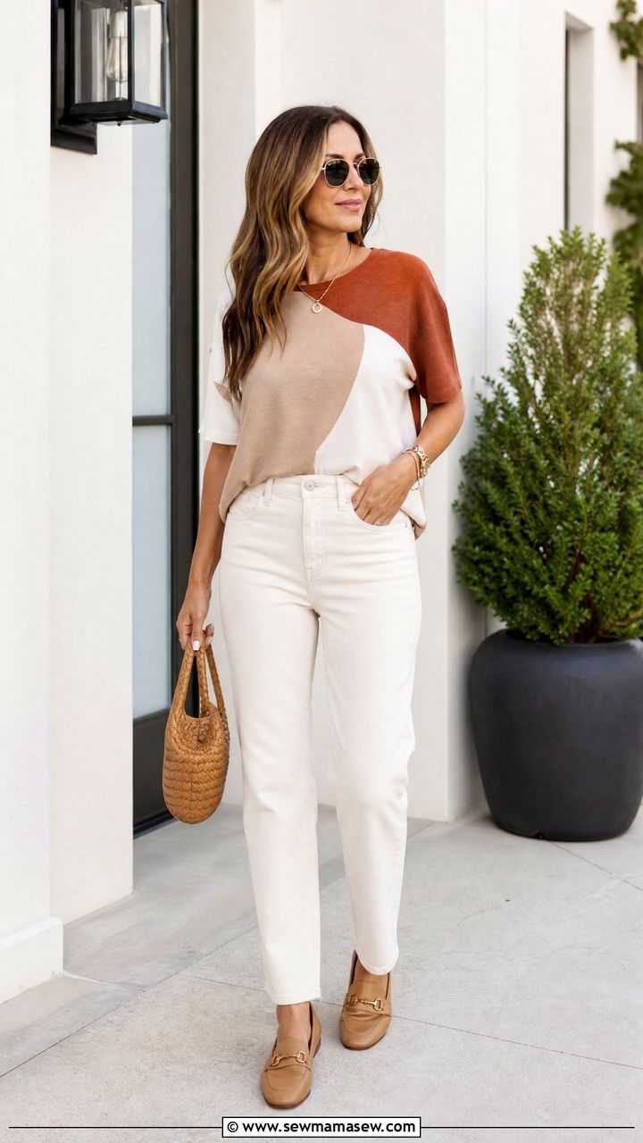 Color Block Top With Cream Jeans - 20 color block top outfit ideas