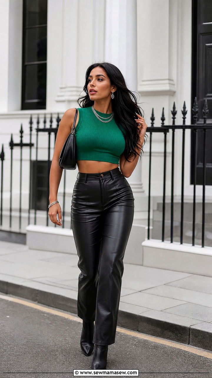 Color Crop Top With Black Faux Leather Pants - 20 crop top with faux leather pants outfit ideas