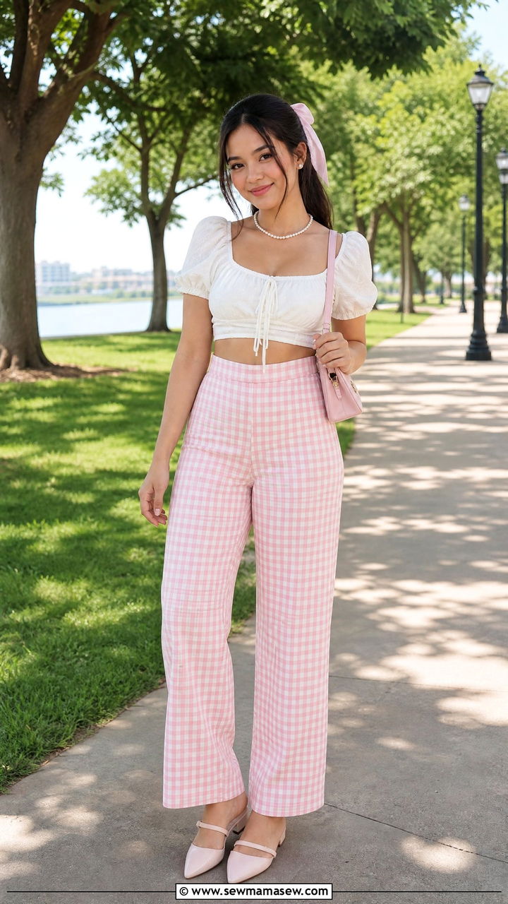 Coquette Crop Top With Gingham Pants - 20 coquette crop top outfit ideas