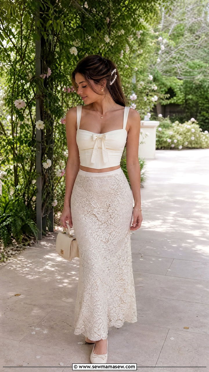 Coquette Crop Top With Lace Maxi Skirt - 20 coquette crop top outfit ideas