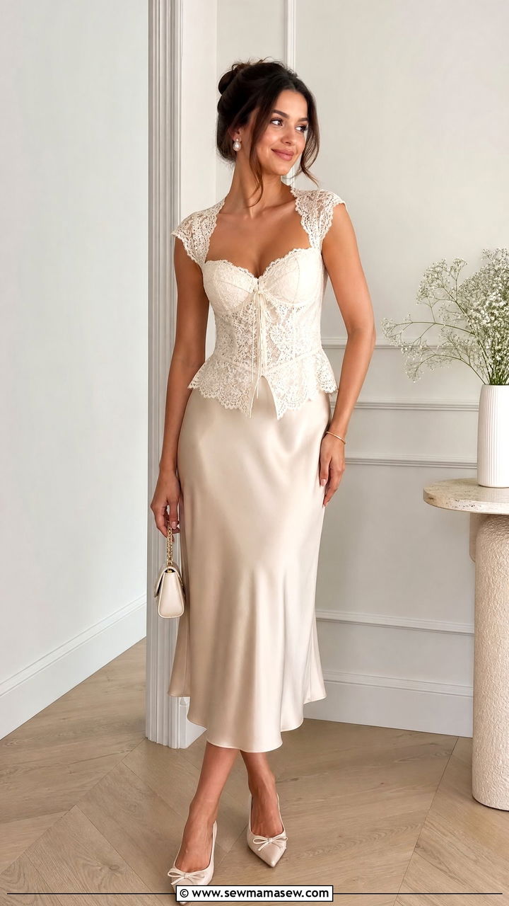 Coquette Crop Top With Satin Midi Skirt - 20 coquette crop top outfit ideas