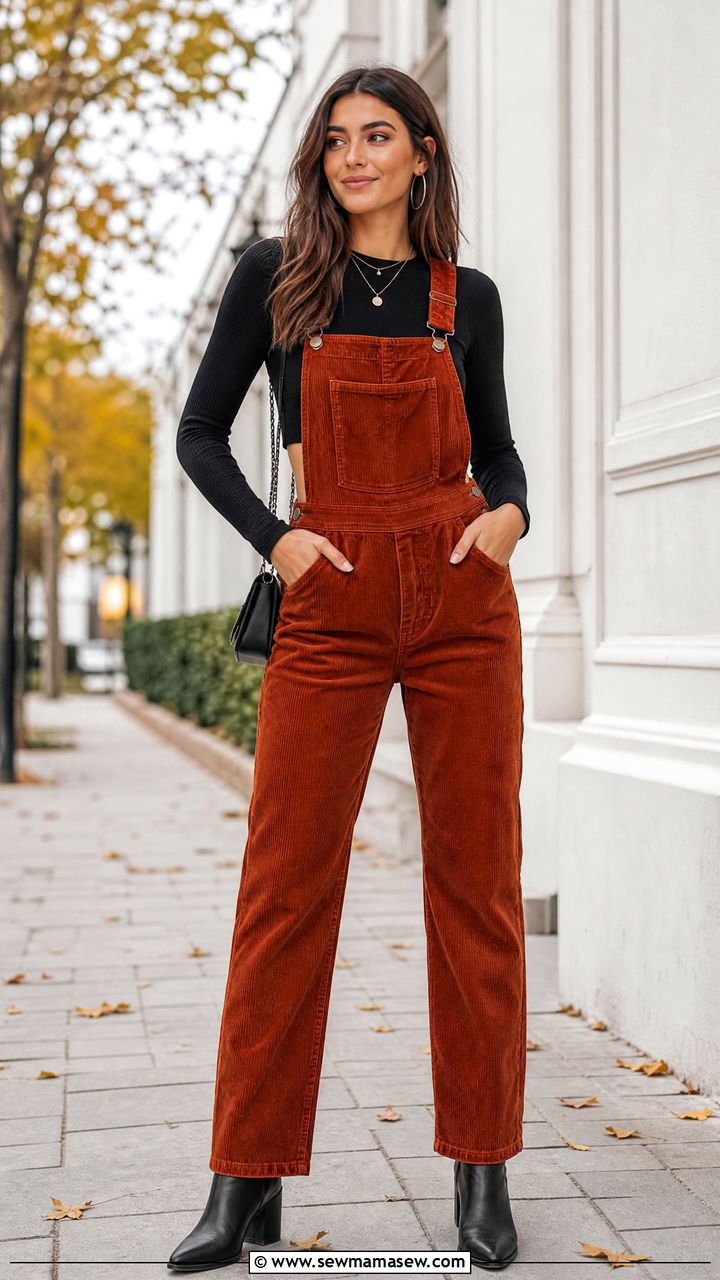 Corduroy Dungarees With Long Sleeve Crop Top - 20 crop top with dungarees outfit ideas