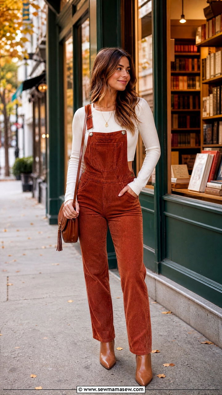 Corduroy Overalls With Long Sleeve Crop Top - 20 crop top with overalls outfit ideas