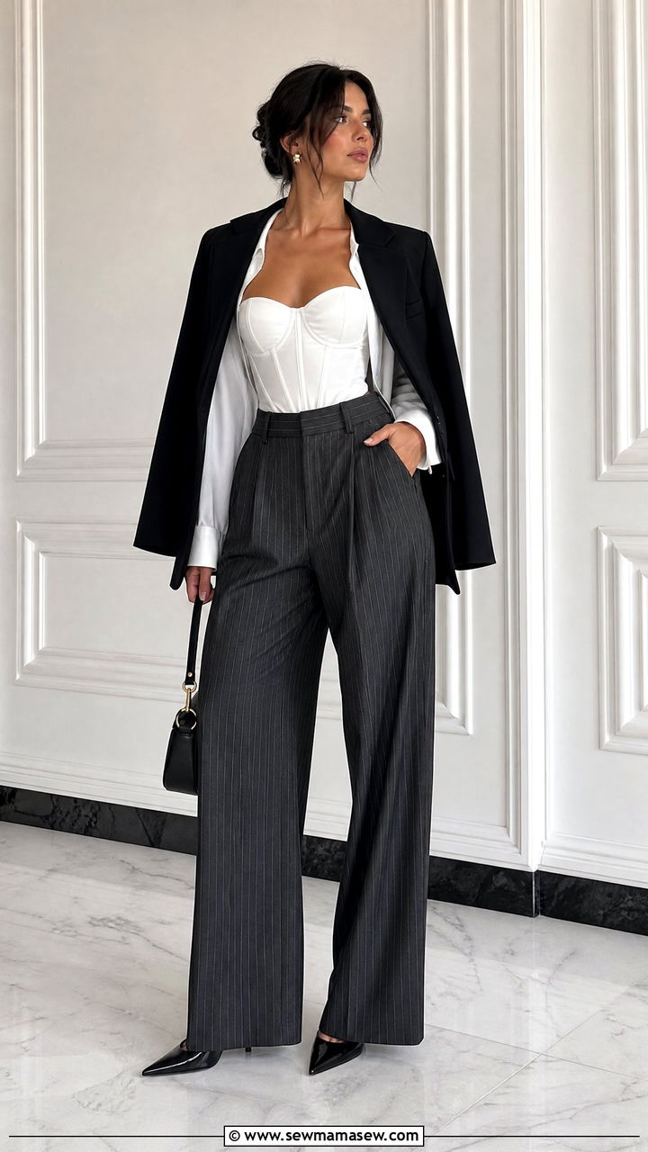 Corset Crop Top With Pinstripe Pants - 20 crop top with pinstripe pants outfit ideas