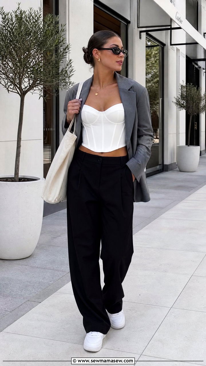 Corset Crop Top With Suit Pants And Sneakers - 20 corset crop top outfit ideas