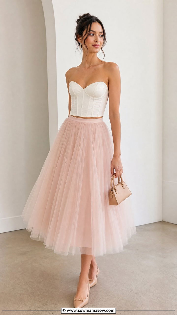 Corset Crop Top With Tulle Midi Skirt - 20 crop top with midi skirt outfit ideas