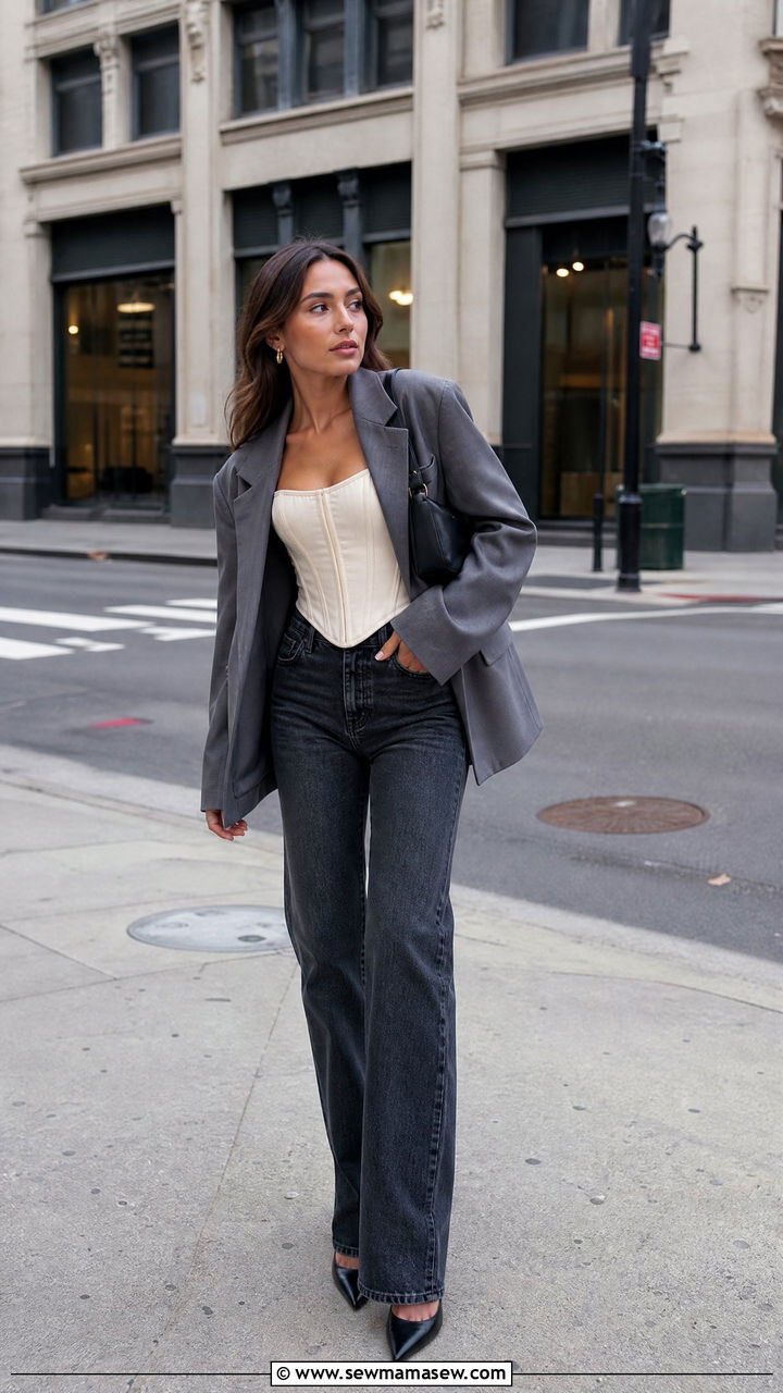 Corset Top With Blazer And Jeans Outfit - 20 dressy top outfit ideas