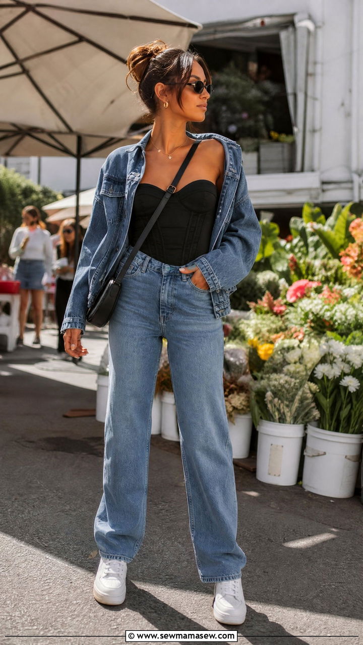 Corset Top With Denim Jacket - 20 corset top outfit ideas