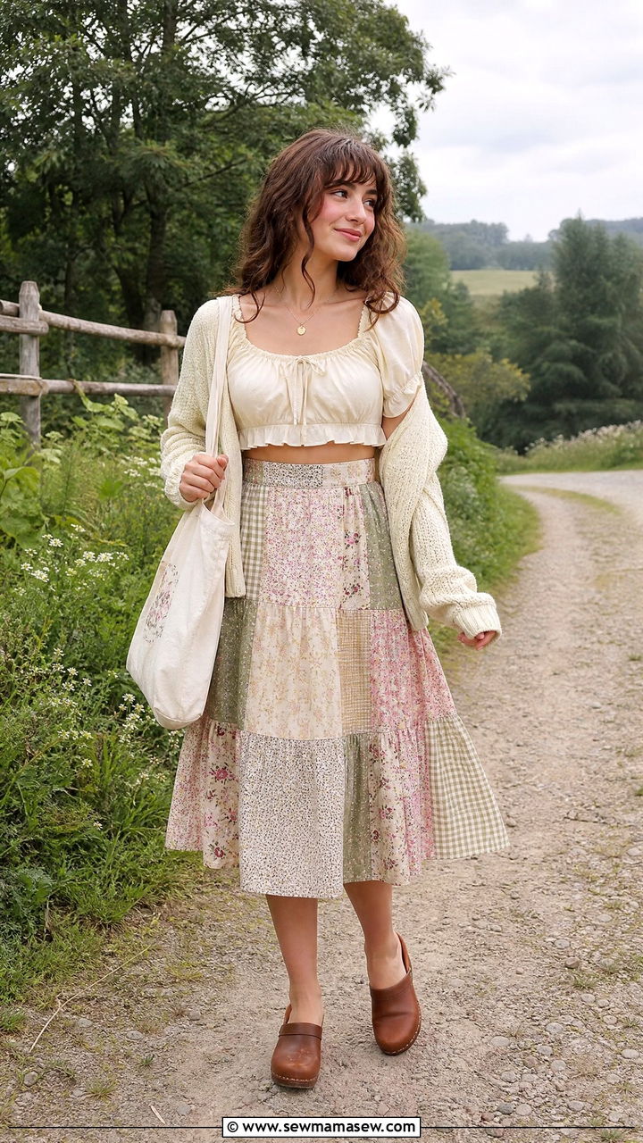 Cottagecore Crop Top With Patchwork Skirt - 20 cottagecore crop top outfit ideas