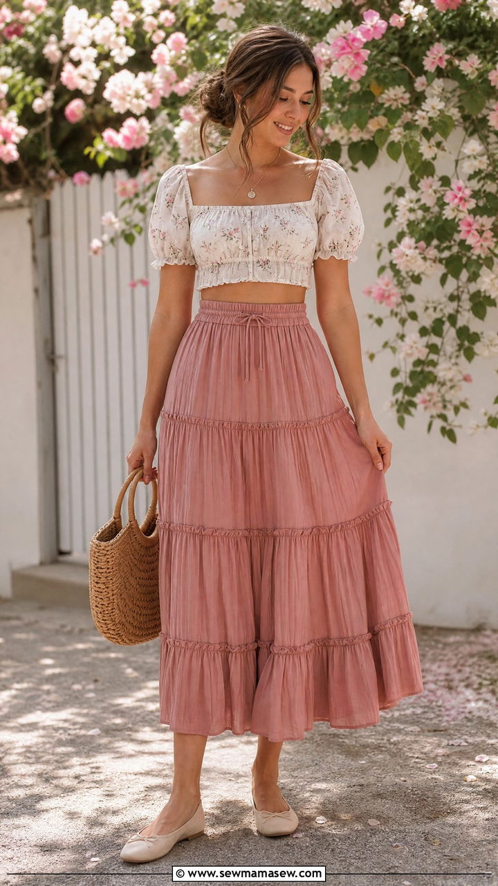 Cottagecore Crop Top With Tiered Skirt - 20 cottagecore crop top outfit ideas