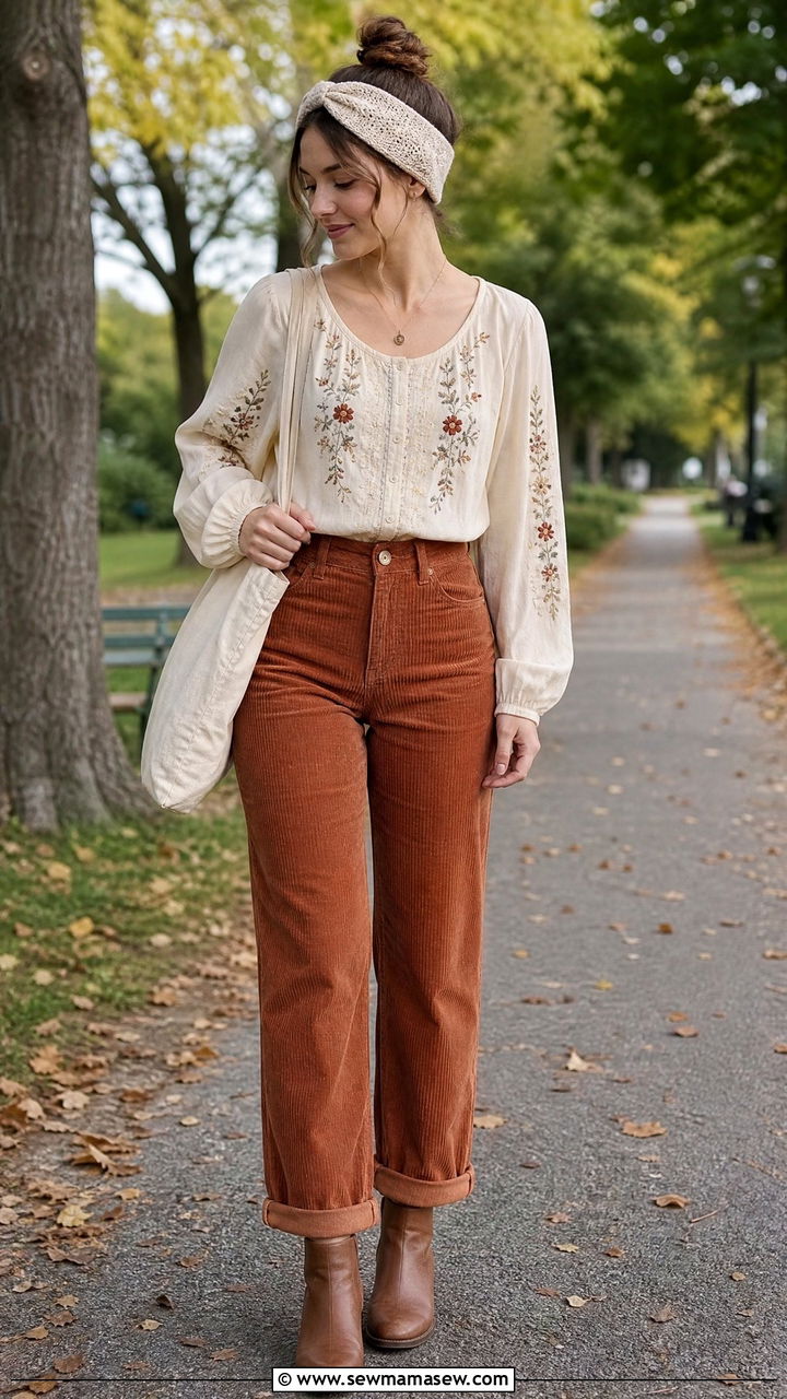 Cottagecore Embroidered Top And Corduroy Pants Outfit - 20 cottagecore top outfit ideas