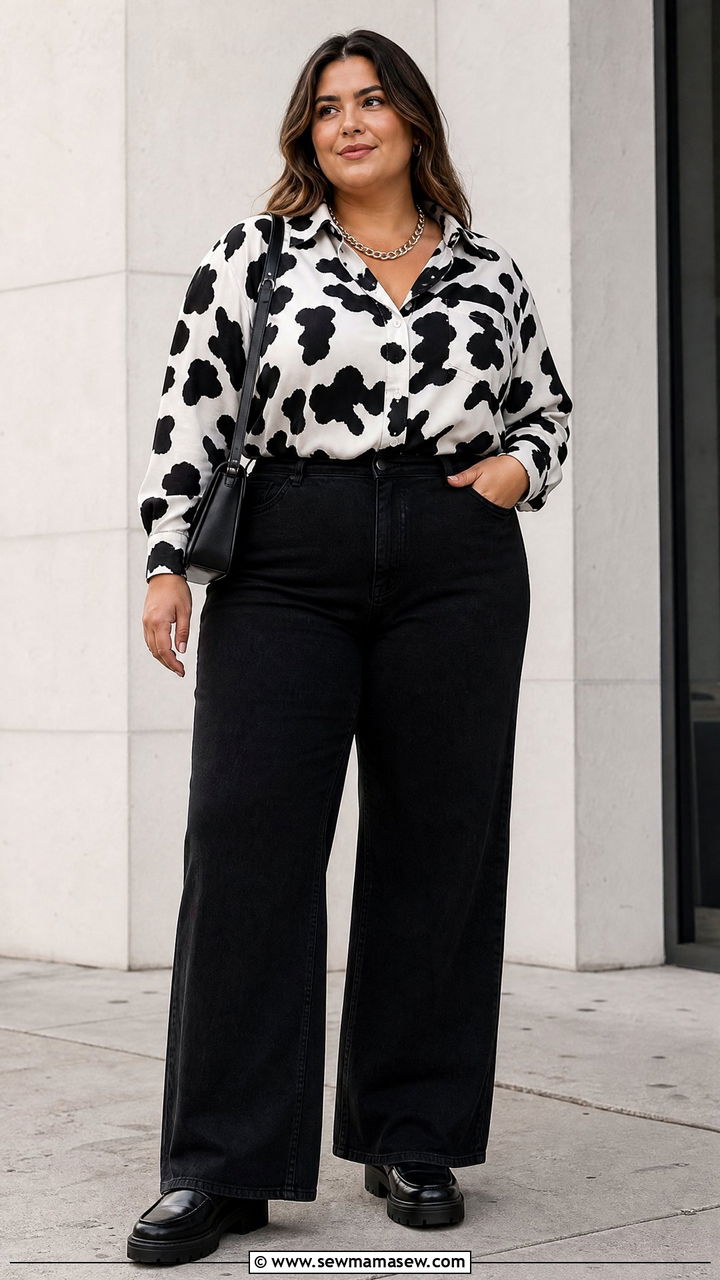 Cow Print Top With Black Wide Leg Jeans - 20 plus size animal print top outfit ideas