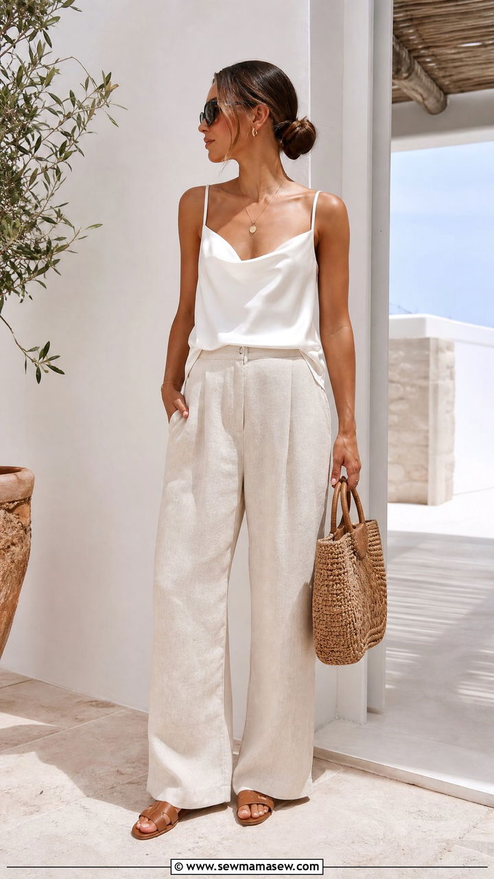 Cowl Neck Cami Top With Linen Pants - 20 cowl neck cami top outfit ideas
