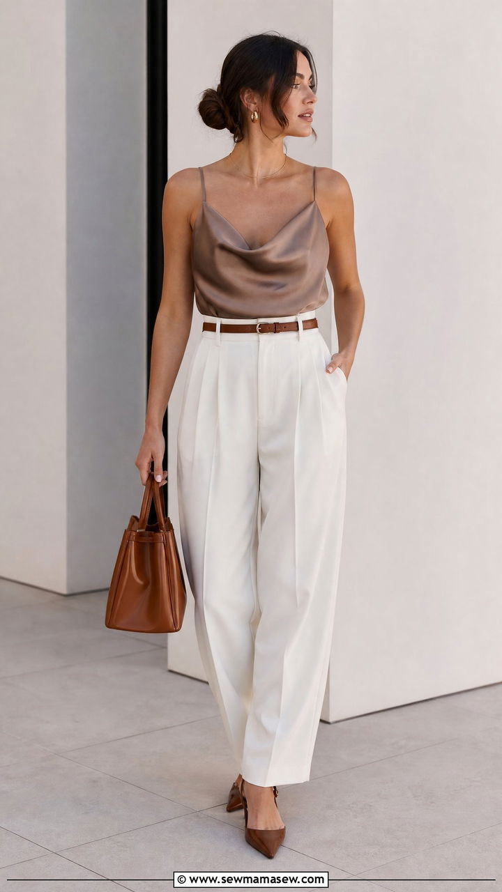 Cowl Neck Cami Top With Pleated Trousers - 20 cowl neck cami top outfit ideas